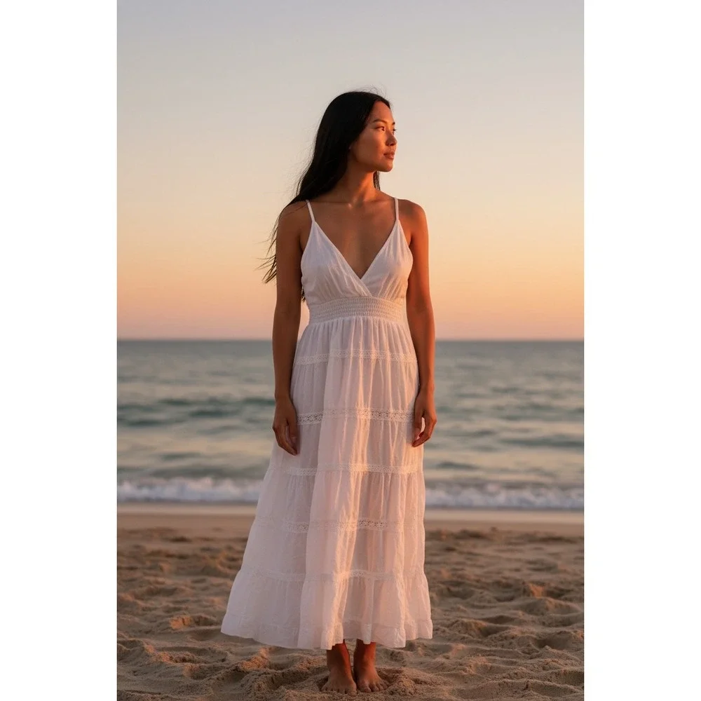 White Tiered Maxi Dress Boho Crochet Lace Smocked Waist Large - Picture 3 of 5